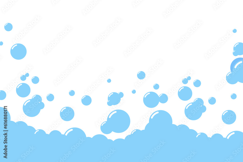 Cartoon soap foam bubbles suds framing shower gel, shampoo, shaving, mousse. Vector illustration