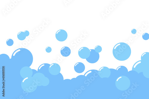 Cartoon soap foam bubbles suds framing shower gel, shampoo, shaving, mousse. Vector illustration