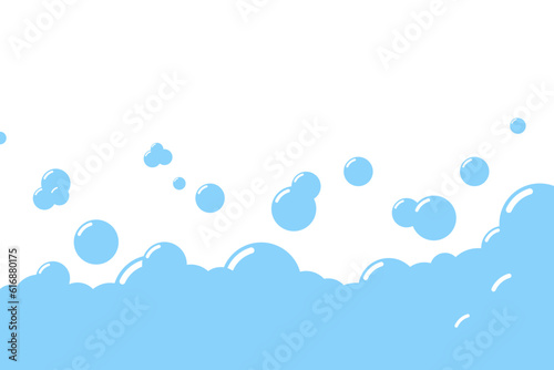 Cartoon soap foam bubbles suds framing shower gel, shampoo, shaving, mousse. Vector illustration