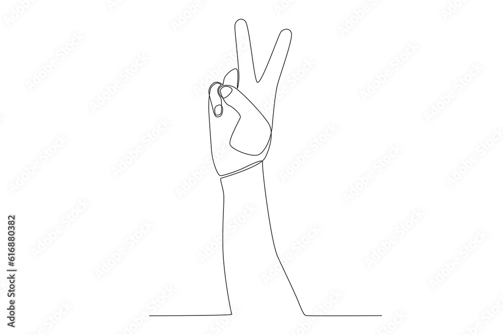 Vector continuous one line drawing hand gesture v symbol for peace ...