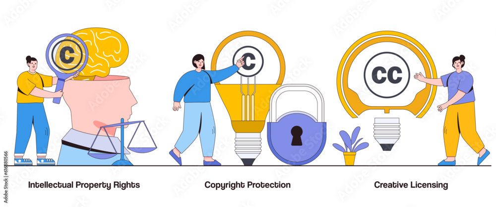 Intellectual Property Rights, Copyright Protection, Creative Licensing Concept with Character. Creative Industry Abstract Vector Illustration Set. Artistic Rights, Licensing Terms Metaphor Intellectual Property Rights, Copyright Protection, Creative Licensing Concept with Character. Creative Industry Abstract Vector Illustration Set. Artistic Rights, Licensing Terms Metaphor