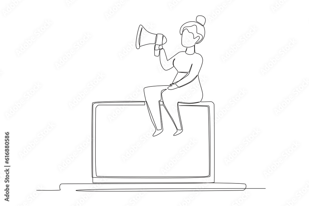 Continuous one line drawing woman hand holding megaphone sitting on a laptop screen marketing concept single line
