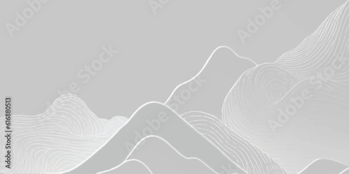 Black and white mountain line arts wallpaper, luxury landscape background landscape illustration in oriental Asian style, minimal and simple background with smooth lines runny like water shapes.