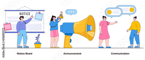 Notice Board, Announcement, Communication Concept with Character. Information Dissemination Abstract Vector Illustration Set. Important Notices, Updates, Effective Communication Metaphor