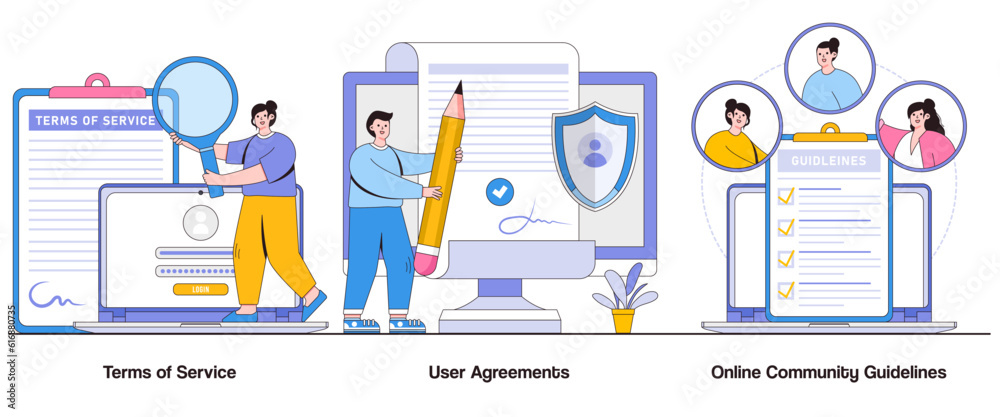Terms of Service, User Agreements, and Online Community Guidelines Concept with Character. Digital Platform Rules Abstract Vector Illustration Set. User Responsibilities, Online Etiquette Metaphor Terms of Service, User Agreements, and Online Community Guidelines Concept with Character. Digital Platform Rules Abstract Vector Illustration Set. User Responsibilities, Online Etiquette Metaphor