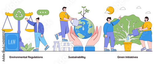 Environmental Regulations, Sustainability, and Green Initiatives Concept with Character. Eco-Friendly Practices Abstract Vector Illustration Set. Conservation, Renewable Energy Metaphor photo