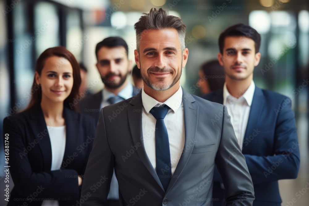confident business team posing with it's leader at a corporate office. confident business team posing with it's leader at a corporate office.