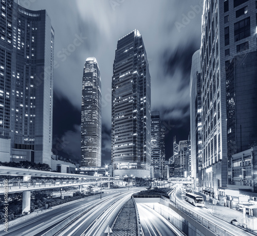 Photography traffic in central district of Hong Kong city at night
