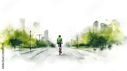 Cyclist embracing an eco friendly lifestyle, riding through an urban park on a bike lane. Sustainable transportation methods in city planning and lifestyle choices for a greener future. Generative AI © TensorSpark