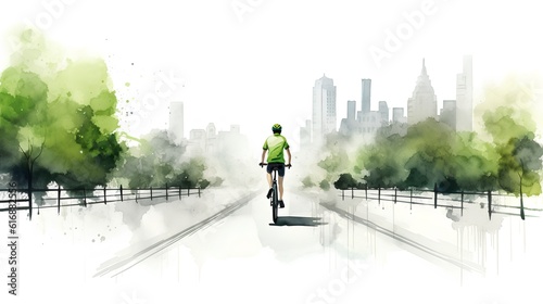 Cyclist embracing an eco friendly lifestyle, riding through an urban park on a bike lane. Sustainable transportation methods in city planning and lifestyle choices for a greener future. Generative AI photo