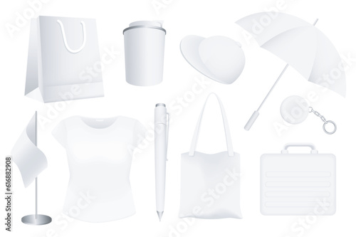 Corporation style objects mega set in graphic flat design. Bundle elements of white mockup of bag, cup, cap, umbrella, keychain, flag, t-shirt, pen and other. Vector illustration isolated stickers