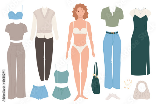 Young girl with fashion clothes objects mega set in graphic flat design. Bundle elements of woman with dress up of female apparel, modern shoes, casual outfits. Vector illustration isolated stickers