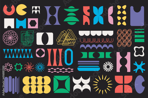 Retro geometric shapes mega set in graphic flat design. Bundle elements of colourful figures and decorative brutal forms collage in vintage bauhaus memphis style. Vector illustration isolated objects