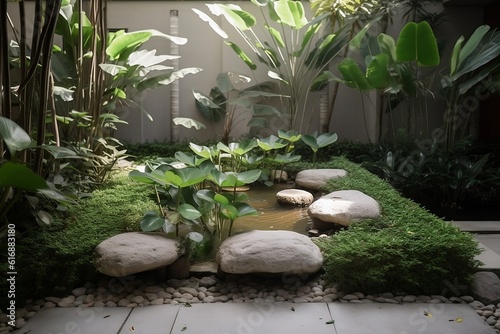 Simple minimalist garden with small waterfall. Generative AI