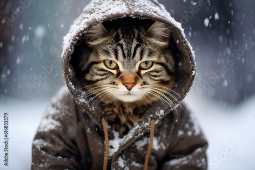 cat in the snow wearing a parka