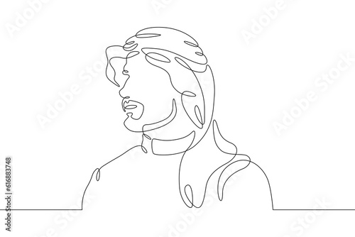 Portrait of an Arab man. Eastern man. Arab national clothes. Shemagh, Arabic shawl, keffiyeh. One continuous line. Linear.One continuous line drawn isolated, white background.