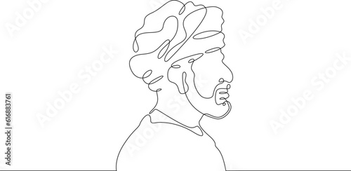Portrait of an Arab man. Eastern man. Arab national clothes. Shemagh, Arabic shawl, keffiyeh. One continuous line. Linear.One continuous line drawn isolated, white background.