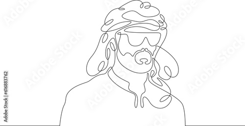 Portrait of an Arab man. Eastern man. Arab national clothes. Shemagh, Arabic shawl, keffiyeh. One continuous line. Linear.One continuous line drawn isolated, white background.