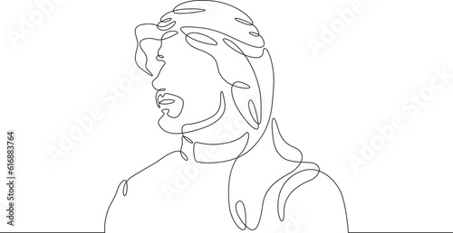 Portrait of an Arab man. Eastern man. Arab national clothes. Shemagh, Arabic shawl, keffiyeh. One continuous line. Linear.One continuous line drawn isolated, white background.