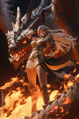 a woman with her faithful dragon, Dragon, fire, female warrior