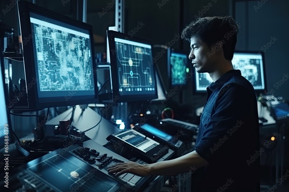 Engineer working on computer in control room. Engineering and technology concept