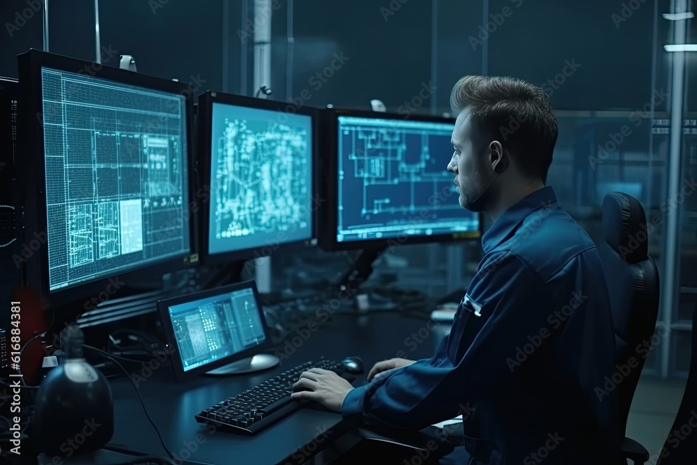 Engineer working on computer in control room. Engineering and technology concept Engineer working on computer in control room. Engineering and technology concept