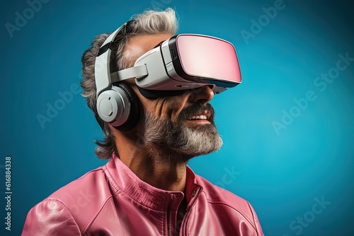 An old man is wearing vr glasses and watching virtual world, in the style of silver and pink, metaverse generation, teal and magenta, bold yet graceful, youthful energy. Generative AI photo