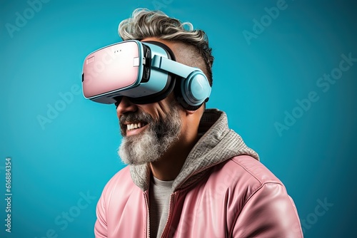 An old man is wearing vr glasses and watching virtual world, in the style of silver and pink, metaverse generation, teal and magenta, bold yet graceful, youthful energy. Generative AI photo