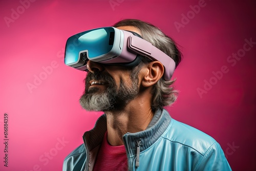A man wearing virtual reality glasses under a pink background, in the style of silver and magenta, 85 new wave, grandparentcore, interactive exhibits, vaporpunk. Generative AI photo