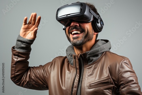 A man waving his hands wearing virtual reality glasses photo, in the style of edgy, manapunk, reductionist form, interactive exhibits, leather/hide, smilecore, metallic finishes. Generative AI photo