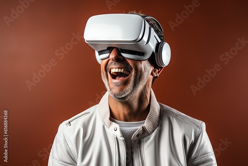 A man wearing a vr headset. He so exciting, in the style of smooth and shiny, urban and edgy, playful expressions, emotive gestures. Generative AI photo