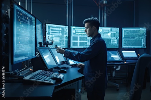 Engineer working on computer in control room. Engineering and technology concept
