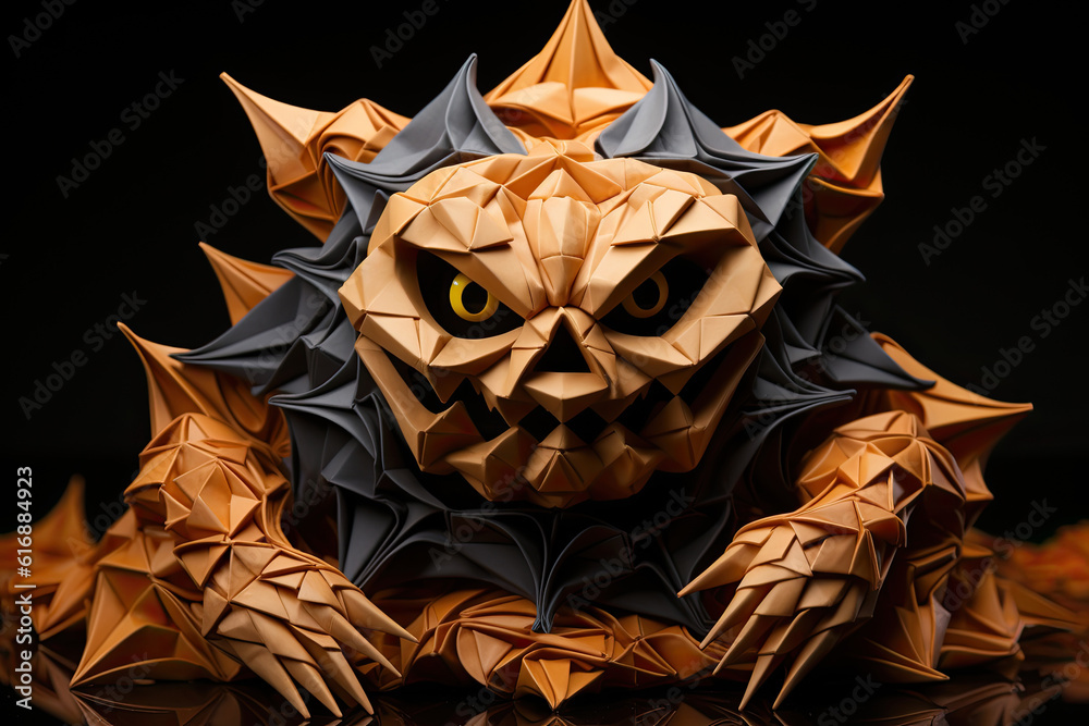 Naklejka premium Explore various origami designs inspired by Halloween, such as a paper pumpkin or a spooky ghost