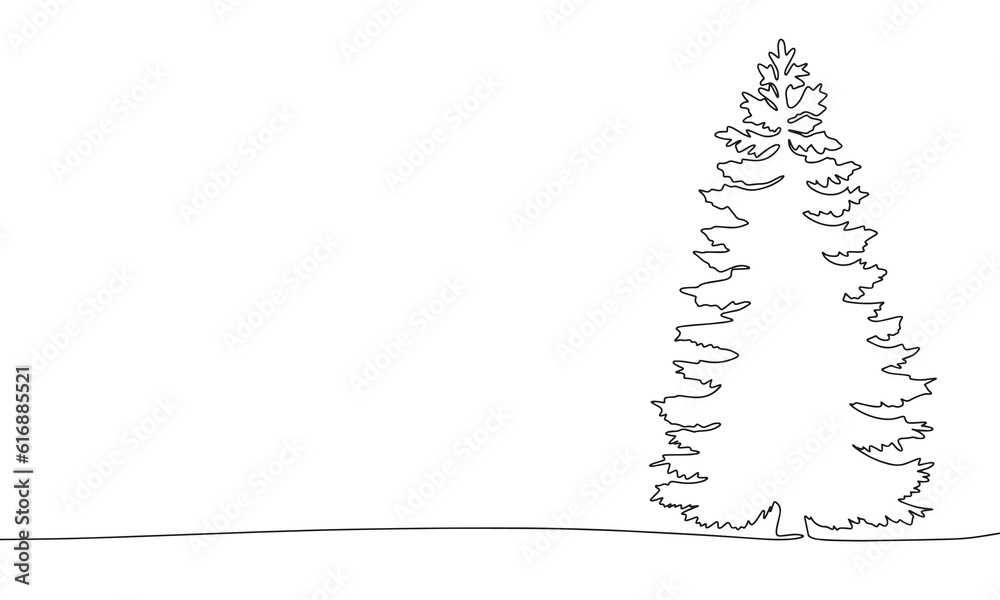 One line spruce tree. Line art Christmas tree. One line continuous minimal Christmas banner. Outline vector illustration. One line spruce tree. Line art Christmas tree. One line continuous minimal Christmas banner. Outline vector illustration.