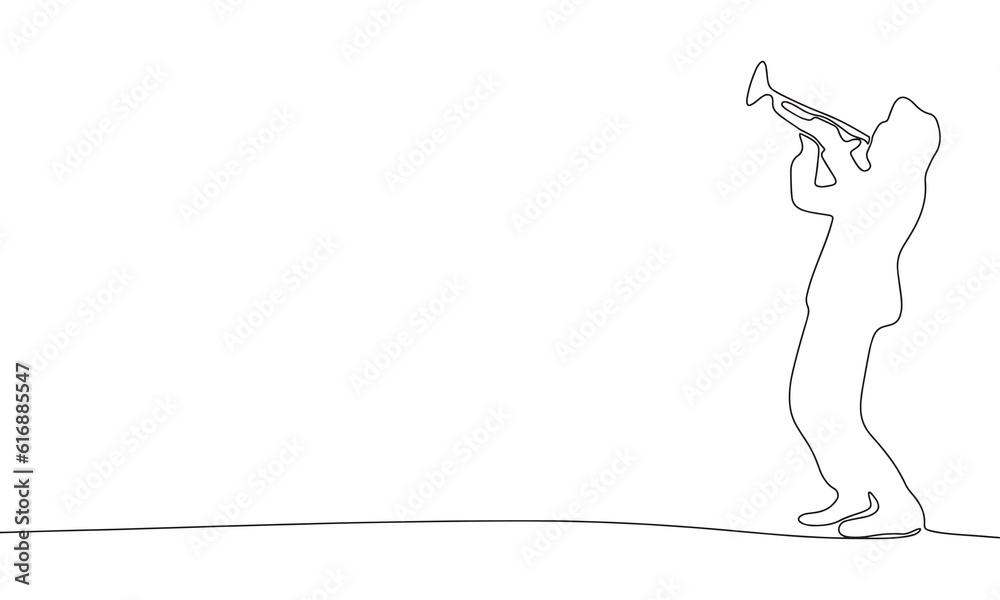 One line musician playing the trumpet. Line art man with musical instrument. One line continuous music banner. Outline vector illustration. One line musician playing the trumpet. Line art man with musical instrument. One line continuous music banner. Outline vector illustration.