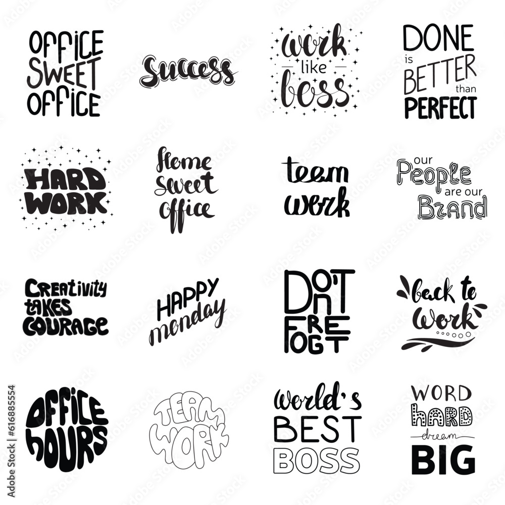 Big collection of calligraphy phrase about job. Handwriting text and quote of work, job, office. Vector illustration.