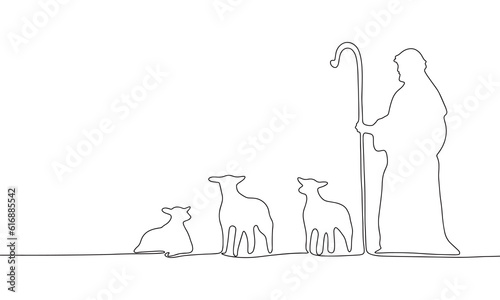 One line shepherd with sheep. Line art born of Jesus. One line continuous religion banner. Outline vector illustration.