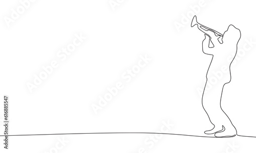 One line musician playing the trumpet. Line art man with musical instrument. One line continuous music banner. Outline vector illustration.