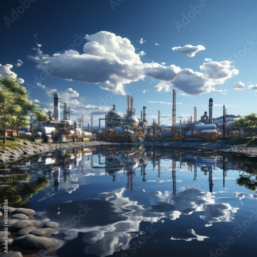 oil refinery and water reflection.ai generative