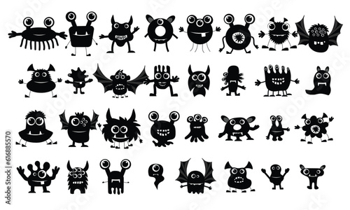 Large collection of cute monsters in black color. Big Halloween set of monsters isolated on white background. Silhouette vector illustration.