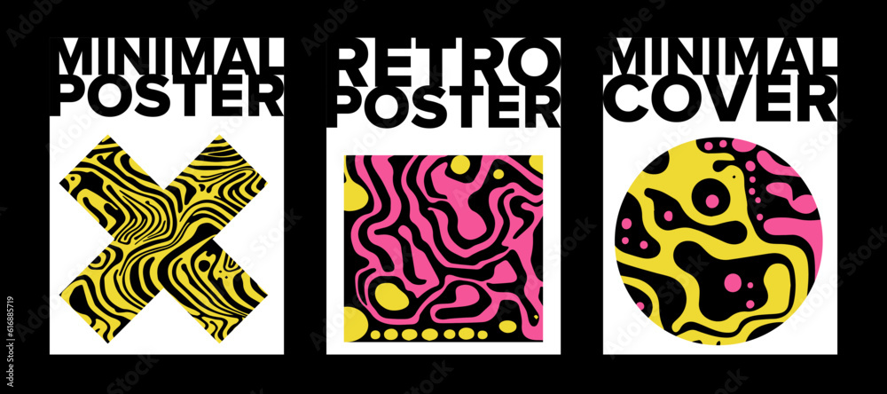 Psychedelic retro style posters with geometric shapes and ornaments. 