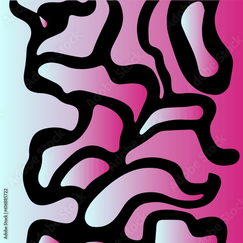 Acid psychedelic black and pink print with abstract melting blobs and lines in retro hippie style.