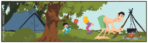 Summer camping. Man cooking food in nature. Illustration for internet and mobile website.