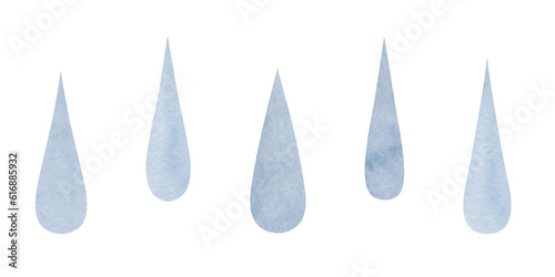 Set of gray drops of water  rain. Hand-drawn  watercolor on paper  isolated on a white background. Element for design and decoration. Watercolor splashes  stains.