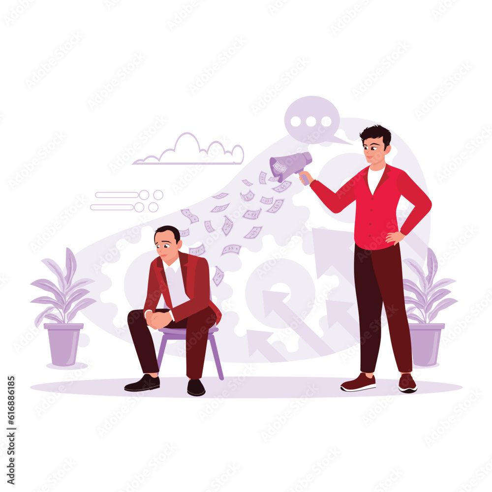 The boss screams at his employees over the loudspeaker and spouts money. Trend Modern vector flat illustration. The boss screams at his employees over the loudspeaker and spouts money. Trend Modern vector flat illustration.