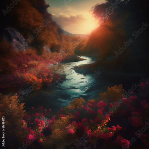 Sunset scenery of creek in mountain forest