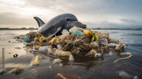 Dolphin amidst ocean contamination, water bottles, raising awareness, with discarded plastic bottles, floating trash, impact of pollution on marine life, plastic waste, against contamination