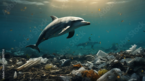Dolphin amidst ocean contamination, water bottles, raising awareness, with discarded plastic bottles, floating trash, impact of pollution on marine life, plastic waste, against contamination © Jhovan