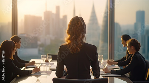 back view of women sitting apart at office table, she's working or studying, dining in meeting room, back view of business women concept with tower view . blured and bokeh background. GenerativeAi