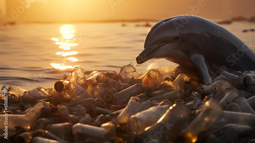 Dolphin amidst ocean contamination, water bottles, raising awareness, with discarded plastic bottles, floating trash, impact of pollution on marine life, plastic waste, against contamination